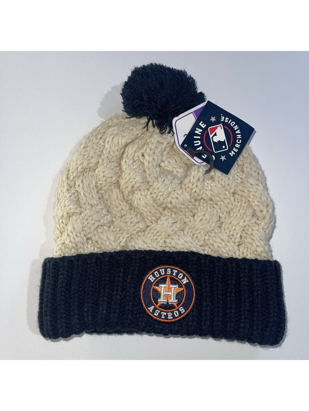 Houston Astros Women's Knit Pom Beanie Hat Cream Navy MLB Genuine NWT